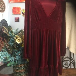Women's Velvet Long-Sleeve Burgundy Dress